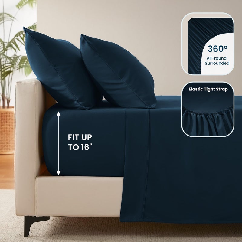 SLEEP ZONE مجموعة ملاءات سرير كاملة الحجم من SLEEP ZONE فائقة النعومة من Nanotex مكونة من 4 قطع - مجموعات ملاءات مسطحة وأغطية وسائد سهلة العناية - خالية من التجاعيد، مقاومة للبهتان، جيب عميق 16 بوصة (أزرق داكن، كامل) - Image 5